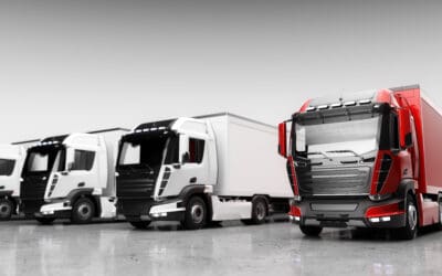 Fleet of trucks with cargo trailers. Transport, shipping industry.