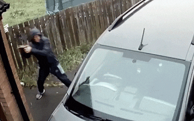 Robber throws brick at car and it bounces back to hit him.