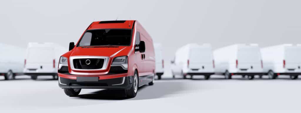 Red commercial van and fleet of white trucks. Transport. Transport and shipping